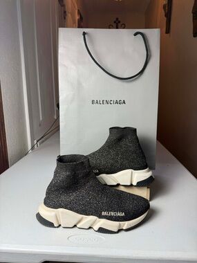 BALENCIAGA Speed Trainer Black Glitter Knit Sock Sneakers  Sz US 9